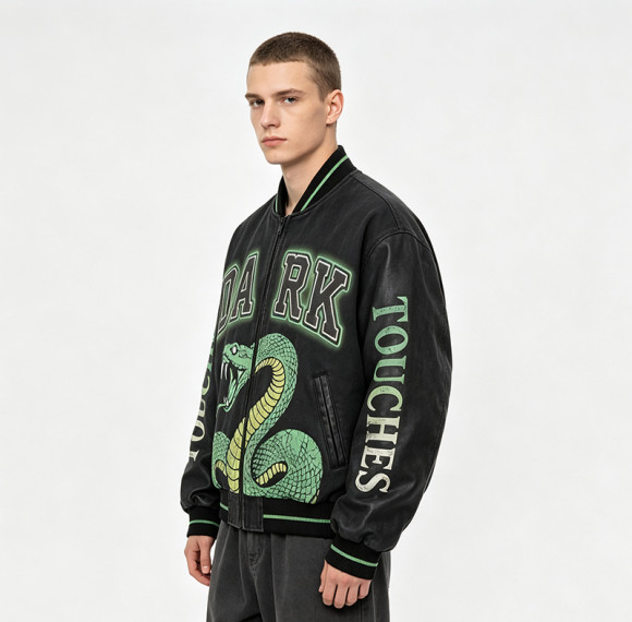 Distressed Washed Patchwork Screen Print Applique Jacket | Vintage Snake Varsity Jacket | Clothing Manufacturer