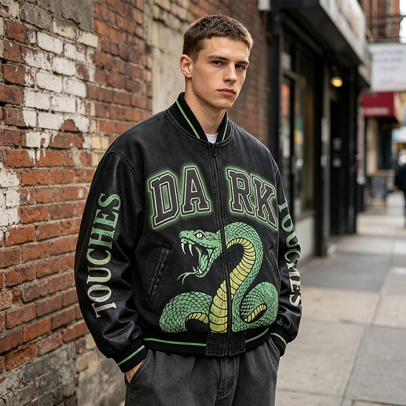 Distressed Washed Patchwork Screen Print Applique Jacket