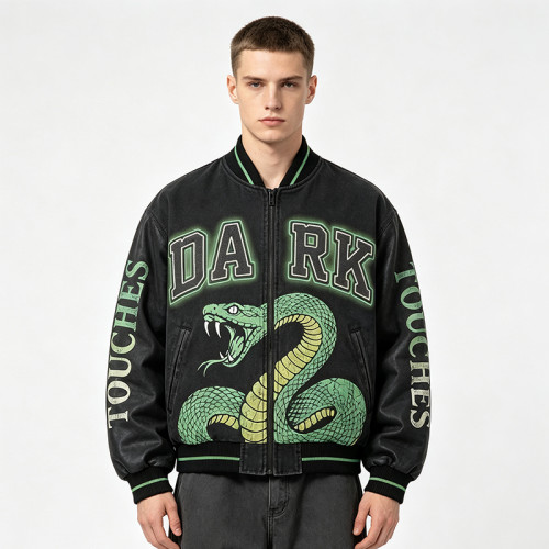Distressed Washed Patchwork Screen Print Applique Jacket | Vintage Snake Varsity Jacket | Clothing Manufacturer