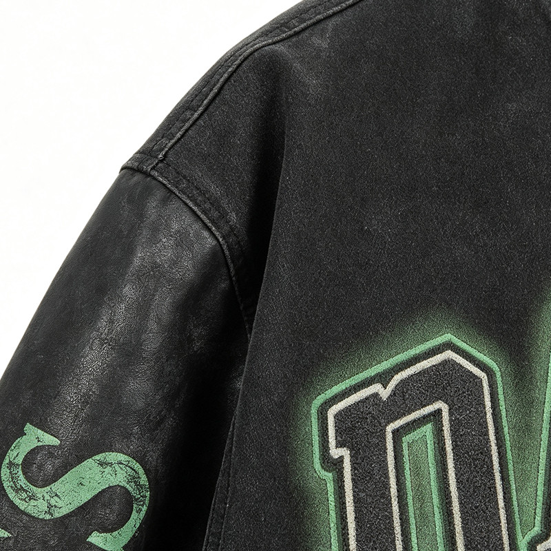 Distressed Washed Patchwork Screen Print Applique Jacket