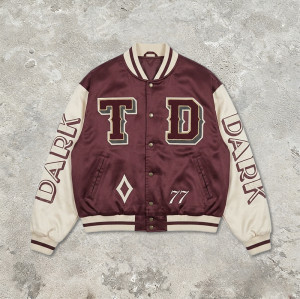 Towel Embroidery Applique Embroidery Screen Print Jacket | Burgundy Satin Vintage Varsity Jacket | OEM Streetwear