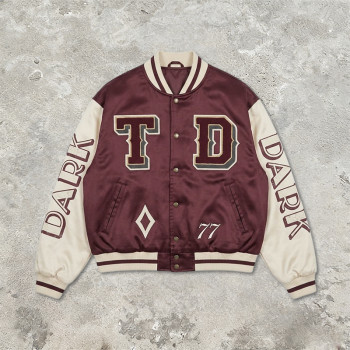 Towel Embroidery Applique Embroidery Screen Print Jacket | Burgundy Satin Vintage Varsity Jacket | OEM Streetwear