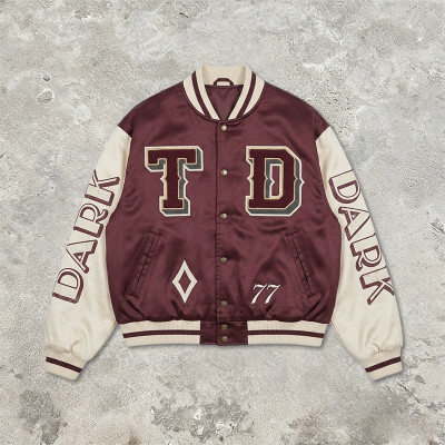 Towel Embroidery Applique Embroidery Screen Print Jacket | Burgundy Satin Vintage Varsity Jacket | OEM Streetwear