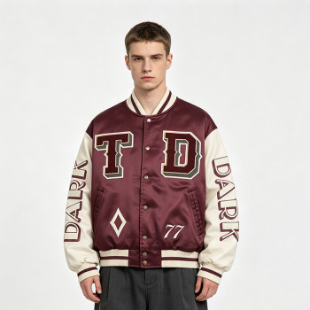 Towel Embroidery Applique Embroidery Screen Print Jacket | Burgundy Satin Vintage Varsity Jacket | OEM Streetwear