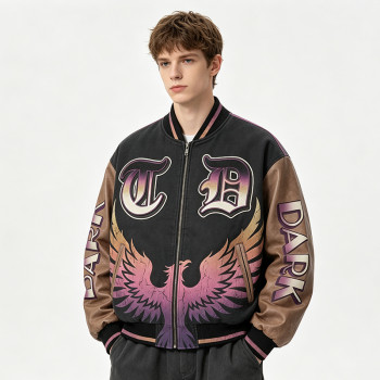 Distressed Washed Patchwork Applique Screen Print Jacket | Vintage Eagle Varsity Jacket | Custom Streetwear