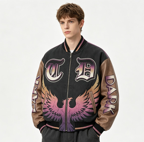 Distressed Washed Patchwork Applique Screen Print Jacket | Vintage Eagle Varsity Jacket | Custom Streetwear