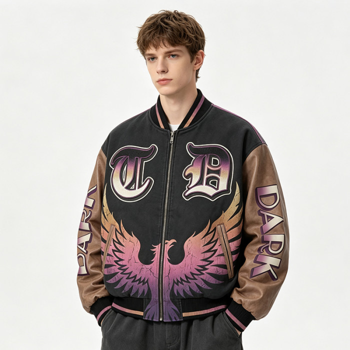 Distressed Washed Patchwork Applique Screen Print Jacket | Vintage Eagle Varsity Jacket | Custom Streetwear
