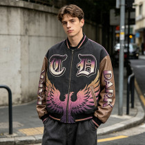 Distressed Washed Patchwork Applique Screen Print Jacket | Vintage Eagle Varsity Jacket | Custom Streetwear