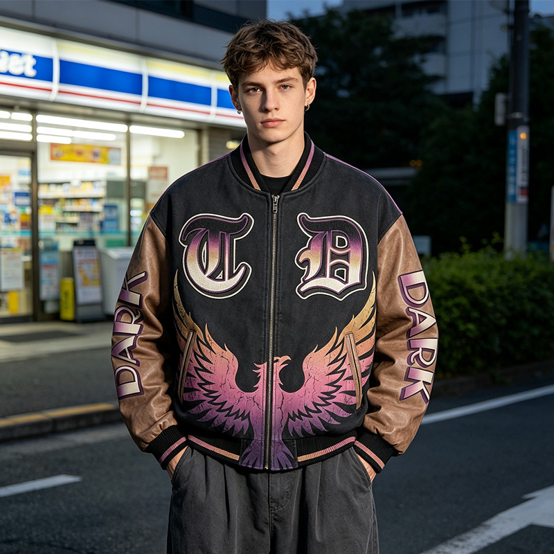 Distressed Washed Patchwork Applique Screen Print Jacket