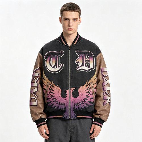 Distressed Washed Patchwork Applique Screen Print Jacket | Vintage Eagle Varsity Jacket | Custom Streetwear
