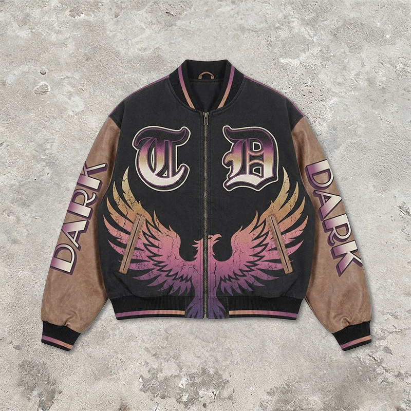 Distressed Washed Patchwork Applique Screen Print Jacket