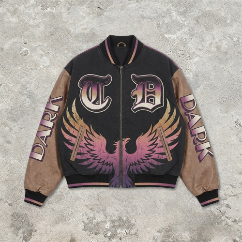 Distressed Washed Patchwork Applique Screen Print Jacket | Vintage Eagle Varsity Jacket | Custom Streetwear