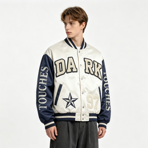 Screen Print Patchwork Towel Embroidery Applique Jacket | Vintage Star Letter Varsity Jacket | Custom Streetwear