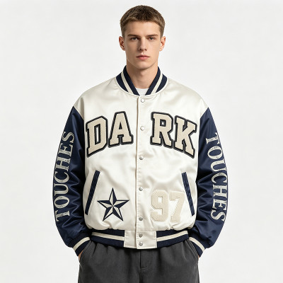 Screen Print Patchwork Towel Embroidery Applique Jacket | Vintage Star Letter Varsity Jacket | Custom Streetwear