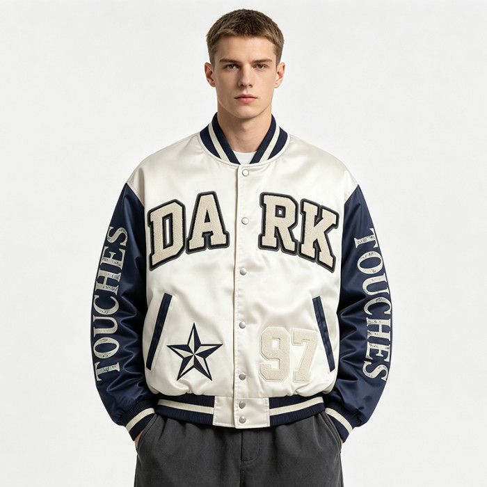 Screen Print Patchwork Towel Embroidery Applique Jacket | Vintage Star Letter Varsity Jacket | Custom Streetwear