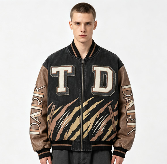 Washed Patchwork Towel Embroidery Applique Screen Print Jacket | PU Sleeve Tiger Stripe Retro Baseball Jacket | Streetwear Manufacturer