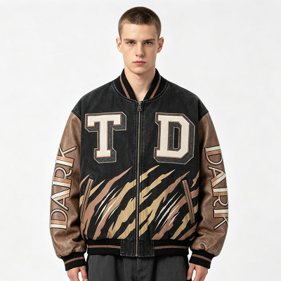 Washed Patchwork Towel Embroidery Applique Screen Print Jacket | PU Sleeve Tiger Stripe Retro Baseball Jacket | Streetwear Manufacturer