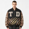 Washed Patchwork Towel Embroidery Applique Screen Print Jacket | PU Sleeve Tiger Stripe Retro Baseball Jacket | Streetwear Manufacturer