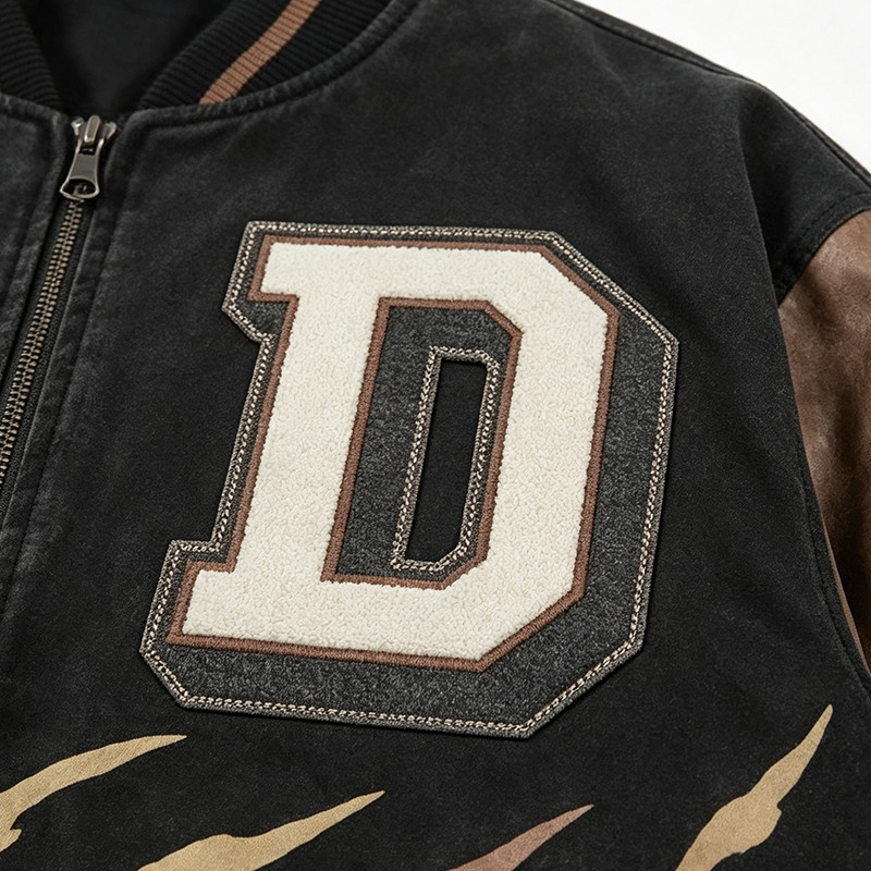 Washed Patchwork Towel Embroidery Applique Screen Print Jacket