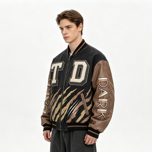 Washed Patchwork Towel Embroidery Applique Screen Print Jacket | PU Sleeve Tiger Stripe Retro Baseball Jacket | Streetwear Manufacturer