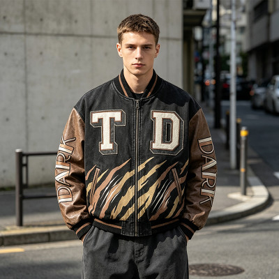Washed Patchwork Towel Embroidery Applique Screen Print Jacket | PU Sleeve Tiger Stripe Retro Baseball Jacket | Streetwear Manufacturer