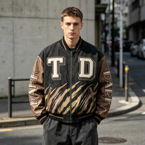 Washed Patchwork Towel Embroidery Applique Screen Print Jacket | PU Sleeve Tiger Stripe Retro Baseball Jacket | Streetwear Manufacturer