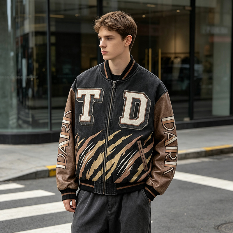 Washed Patchwork Towel Embroidery Applique Screen Print Jacket