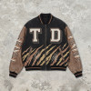 Washed Patchwork Towel Embroidery Applique Screen Print Jacket | PU Sleeve Tiger Stripe Retro Baseball Jacket | Streetwear Manufacturer