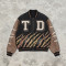 Washed Patchwork Towel Embroidery Applique Screen Print Jacket | PU Sleeve Tiger Stripe Retro Baseball Jacket | Streetwear Manufacturer
