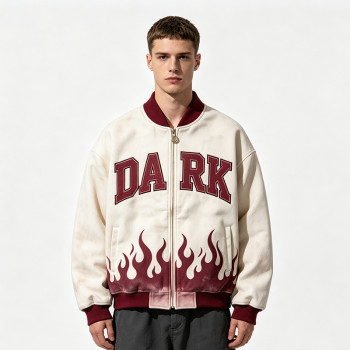 Washed Applique Screen Print Varsity Jacket | Cream Burgundy Flame Zip Baseball Jacket | OEM Streetwear