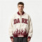 Washed Applique Screen Print Varsity Jacket | Cream Burgundy Flame Zip Baseball Jacket | OEM Streetwear