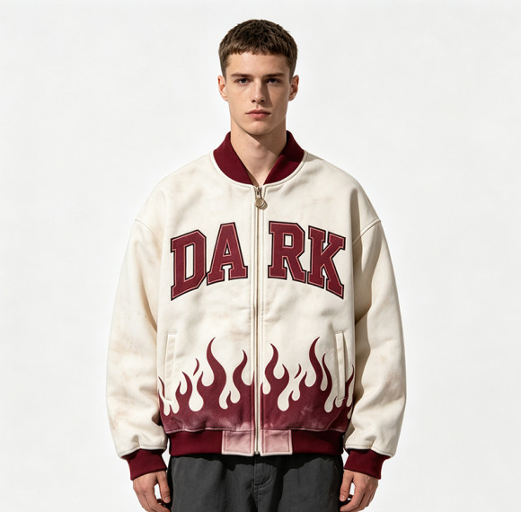 Washed Applique Screen Print Varsity Jacket | Cream Burgundy Flame Zip Baseball Jacket | OEM Streetwear