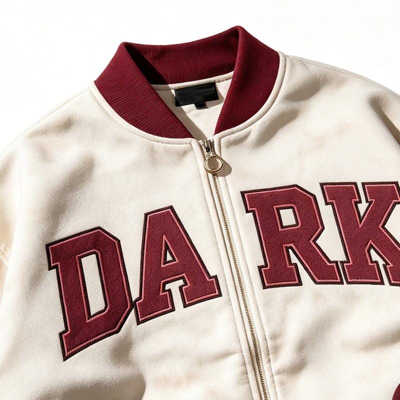 Washed Applique Screen Print Varsity Jacket 
