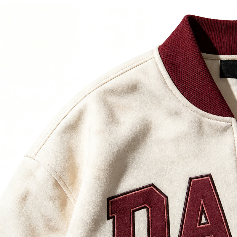 Washed Applique Screen Print Varsity Jacket