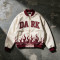 Washed Applique Screen Print Varsity Jacket | Cream Burgundy Flame Zip Baseball Jacket | OEM Streetwear