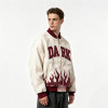 Washed Applique Screen Print Varsity Jacket | Cream Burgundy Flame Zip Baseball Jacket | OEM Streetwear