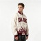 Washed Applique Screen Print Varsity Jacket | Cream Burgundy Flame Zip Baseball Jacket | OEM Streetwear