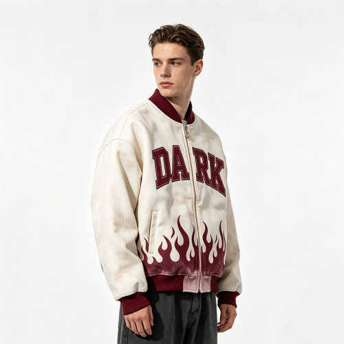 Washed Applique Screen Print Varsity Jacket | Cream Burgundy Flame Zip Baseball Jacket | OEM Streetwear