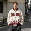 Washed Applique Screen Print Varsity Jacket | Cream Burgundy Flame Zip Baseball Jacket | OEM Streetwear