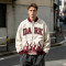 Washed Applique Screen Print Varsity Jacket | Cream Burgundy Flame Zip Baseball Jacket | OEM Streetwear