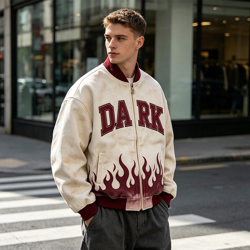 Washed Applique Screen Print Varsity Jacket