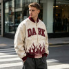Washed Applique Screen Print Varsity Jacket | Cream Burgundy Flame Zip Baseball Jacket | OEM Streetwear