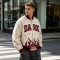 Washed Applique Screen Print Varsity Jacket | Cream Burgundy Flame Zip Baseball Jacket | OEM Streetwear