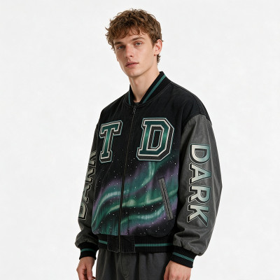 Applique DTG Screen Print Washed Vintage Jacket | Color Block Splicing Street Coat | Custom Streetwear