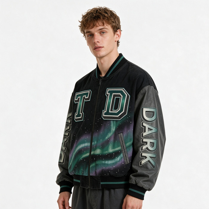 Applique DTG Screen Print Washed Vintage Jacket | Color Block Splicing Street Coat | Custom Streetwear
