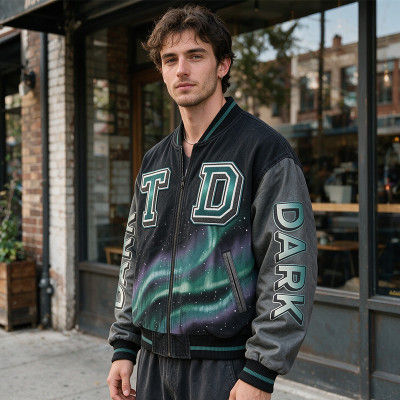 Applique DTG Screen Print Washed Vintage Jacket | Color Block Splicing Street Coat | Custom Streetwear