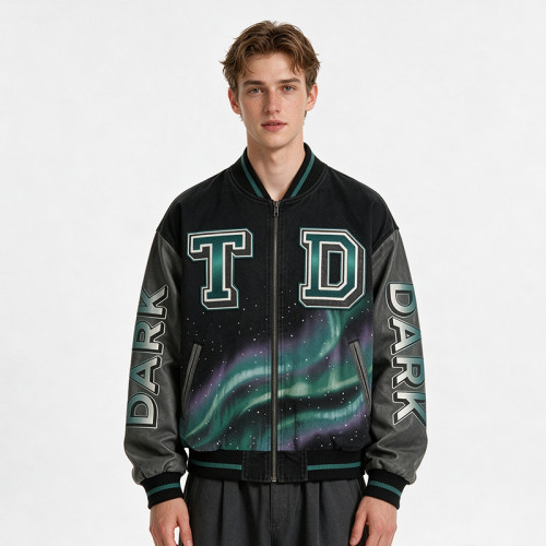 Applique DTG Screen Print Washed Vintage Jacket | Color Block Splicing Street Coat | Custom Streetwear