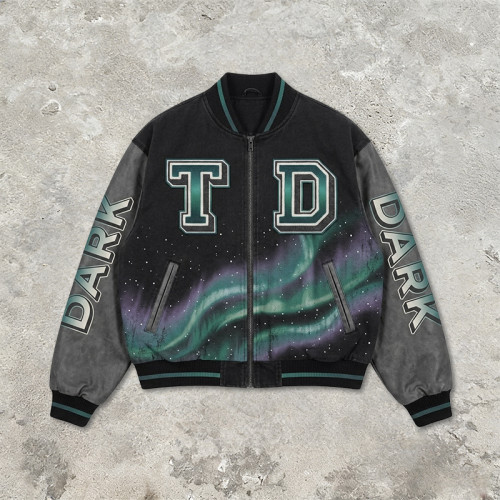 Applique DTG Screen Print Washed Vintage Jacket | Color Block Splicing Street Coat | Custom Streetwear