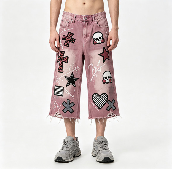 Washed Distressed Abrade Applique Capri Pants | Spray Dye Screen Print Rivet Decor | OEM Streetwear