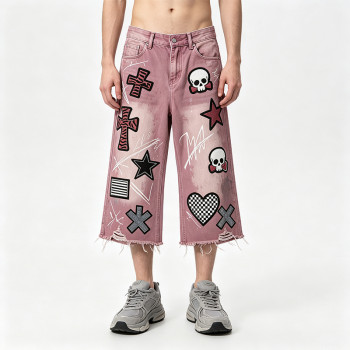 Washed Distressed Abrade Applique Capri Pants | Spray Dye Screen Print Rivet Decor | OEM Streetwear